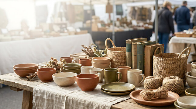 A charming outdoor market stall displaying an arrangement of handcrafted ceramic bowls, mugs, wicker baskets, and books on a rustic wooden table