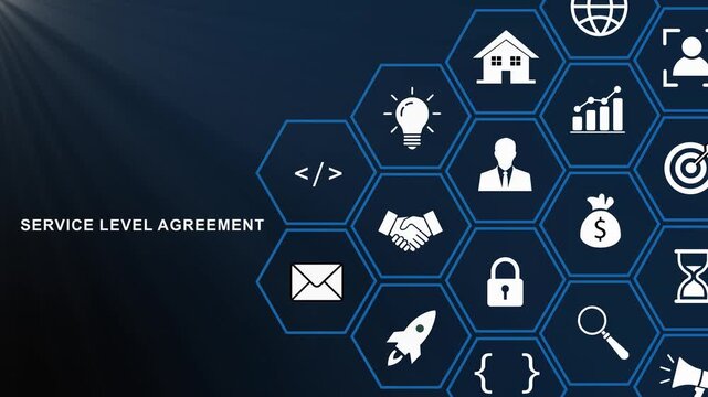 Service level agreement concept with digital hexagonal infographic featuring business, technology, and networking symbols on a dark blue background, for corporate presentations
