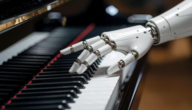 Robotic hand playing a black piano in a close-up indoor musical setting