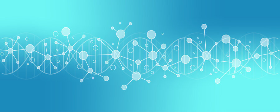 Colorful molecules background. DNA helix, DNA strand, DNA Test. Molecule or atom, neurons. Abstract structure for science or medical background, banner. Scientific vector illustration.