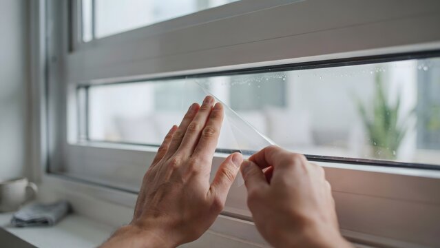 Hands Smoothing Transparent Insulation Film onto Window Glass