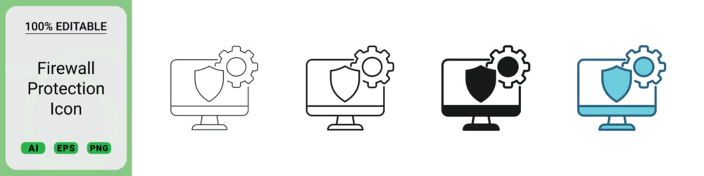 Firewall protection icon set featuring a computer monitor with a shield and gear symbol, representing network security and system maintenance settings web icon set in linear style