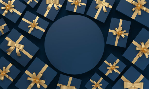 Blue gift boxes with gold ribbon surrounding copy space
