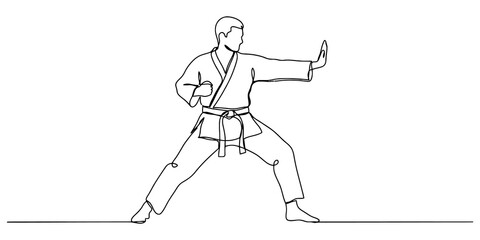 Continuous line drawing of karate master in martial arts stance on transparent background for sports coaching designs. © etiy