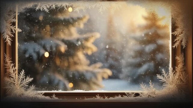 Static locked-off shot of a cozy Christmas window with delicate frost border and falling snowflakes over blurred evergreen trees for seasonal copy space.