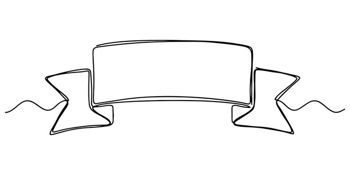 Decorative empty scroll banner in single continuous line style with black strokes on transparent background for label design.