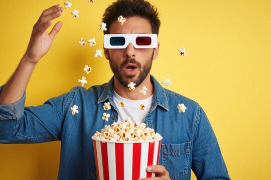 Shocked man wears 3D glasses, drops popcorn in air. Surprised male viewer reacts to movie horror thriller scene. Scattered snacks fly around guy holding striped bucket against bright yellow