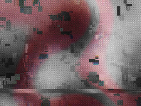 Abstract digital glitch art background with halftone dot pattern and pixel distortion