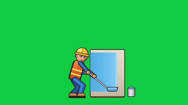 Animated 2D Vector Style Construction Worker Painting a Wall with a Blue Roller on a Green Screen Background for Easy Chroma Key Compositing and Video Editing