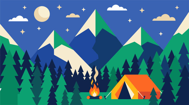 Minimalist flat mountain camping landscape background with outdoor tent pine forest banner