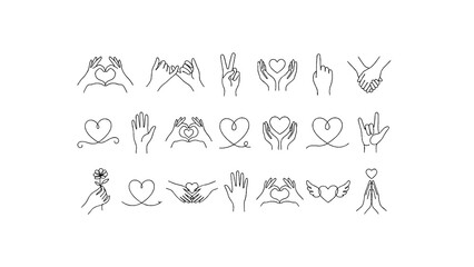 Fototapeta premium Hands and heart line art vector set of hand gestures and love symbols
