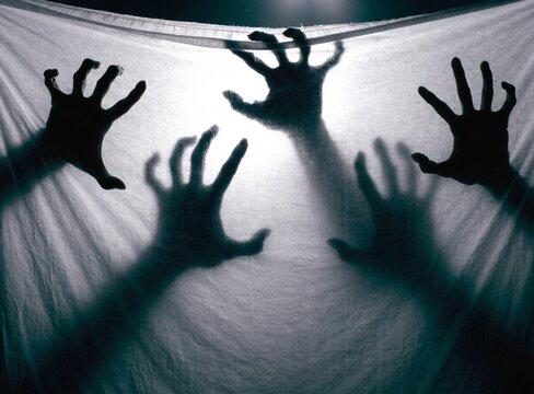  Multi handed ghost entity silhouette scratching white translucent plastic wrap screen