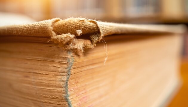 Vintage hardcover book macro closeup detail showing worn fabric spine and aged paper texture for library website banner