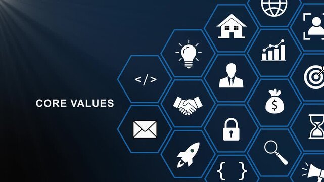 Corporate core values infographic animation featuring business in hexagonal grid layout for strategic management, organizational culture, leadership development, and modern digital marketing