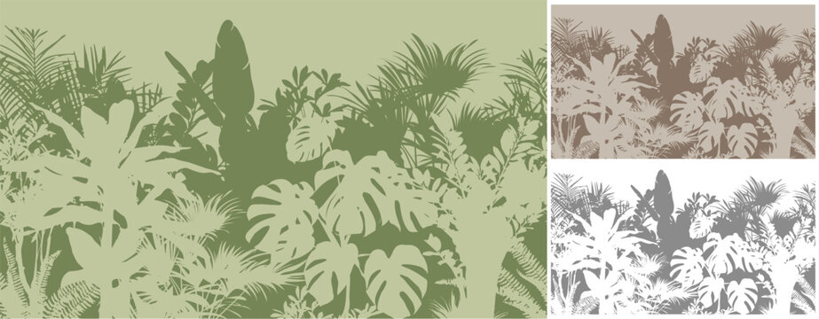set of seamless horizontal pattern with tropical plants. Vector illustration	