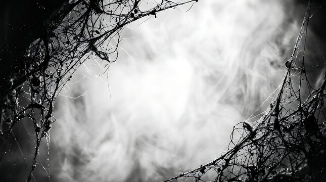 Spooky spider webs in dark misty atmosphere