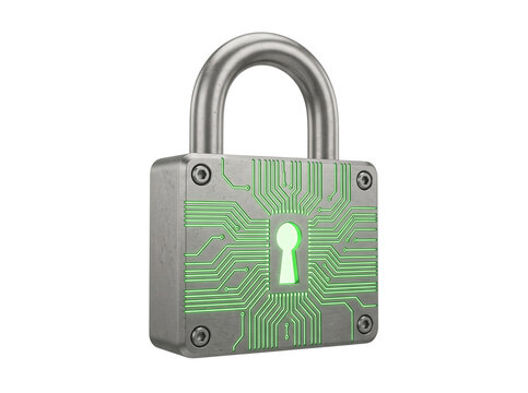 Cybersecurity padlock 3D illustration. Metallic lock with glowing green circuit board pattern and keyhole. Information technology protection concept for digital security.