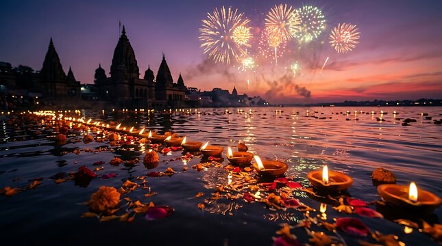 Diwali festival celebration with floating diyas and fireworks