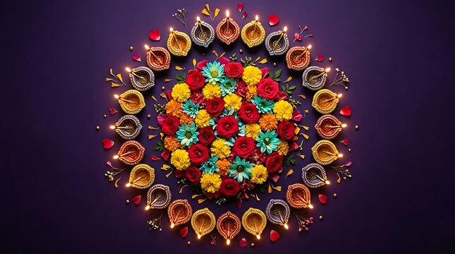 Diwali festival background with diyas and colorful flowers