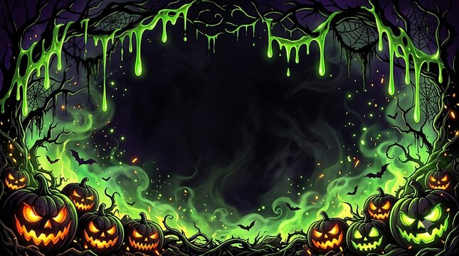 Spooky halloween background with glowing green slime and jackolanterns