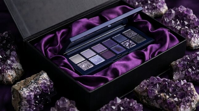 Luxury purple eyeshadow palette in gift box with amethyst crystals