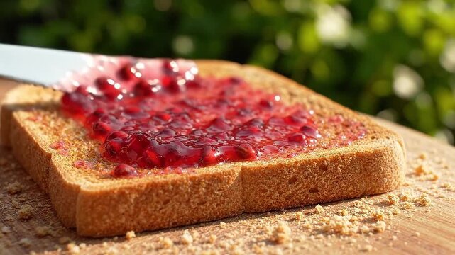 Red berry jam spread on toast with a knife outdoors. Making a jam sandwich. Breakfast and snack food. Simple homemade preparation. Fresh fruit preserve.
