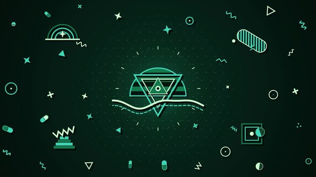 Rotating wireframe triangle and geometric sun on neon green motion background