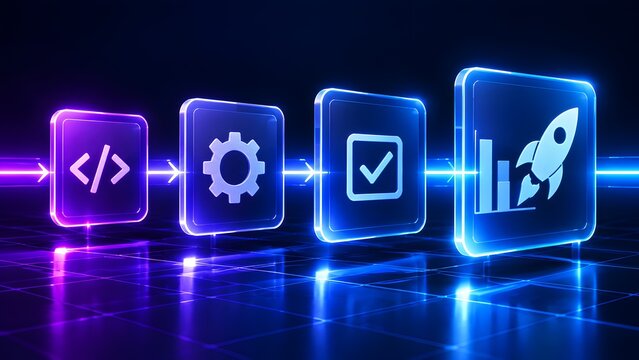 Sequential digital workflow panels displaying coding gear checkmark and rocket icons connected by glowing neon beams representing startup launch and software development process