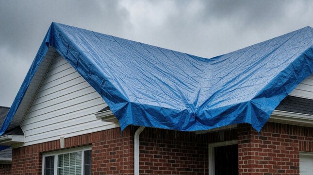 Blue plastic tarp covers damaged residential roof during storm. Temporary waterproof protection prevents water leak inside house. Emergency repair service needed for home maintenance after heavy rain
