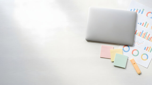Laptop computer with colorful charts and sticky notes on desk