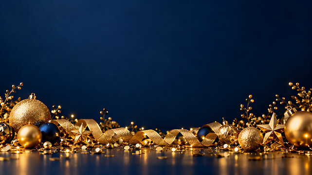 Gold celebration decorations on navy background with copy space