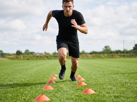 Soccer player practicing agility drill sprint and footwork with cones on grass pitch