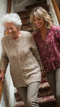A smiling elderly woman with white hair walks down stairs with a younger blonde woman supporting her, set against a patterned.