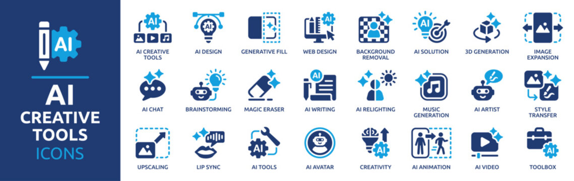 AI Creative Tools Icon Set. Generative Fill, Image Editing, Video and Music Generation, AI Writing and Design Solid Vector Icons Collection