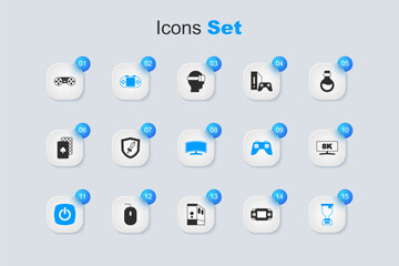 Set Portable video game console, Sword for, Power button, Award cup, Computer monitor, Game controller joystick and icon. Vector © Iryna
