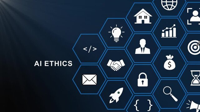 Ai ethics and artificial intelligence governance concept featuring digital hexagonal network infographic with business and modern technology symbols for corporate data security and innovation strategy