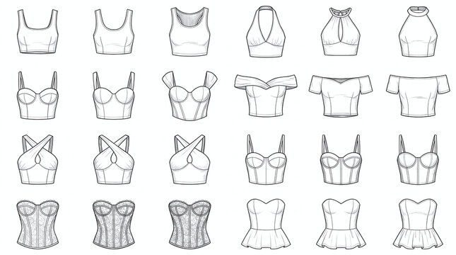 Fashion design sketches of various women tops and corset bodices for