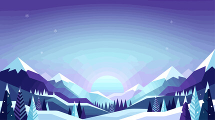 Fototapeta premium Stylized winter landscape with snow-capped mountains, pine trees, and a glowing sun in a serene valley at dawn or dusk.