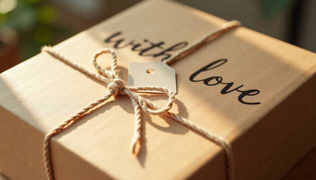 kraft gift boxclose-up tied with twine rope and 'with love' inscription in morning sunlight. Gifts or delivery services