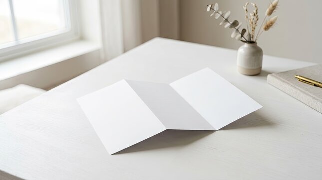 A blank white brochure on a wooden table with a vase of dried flowers and a notebook.