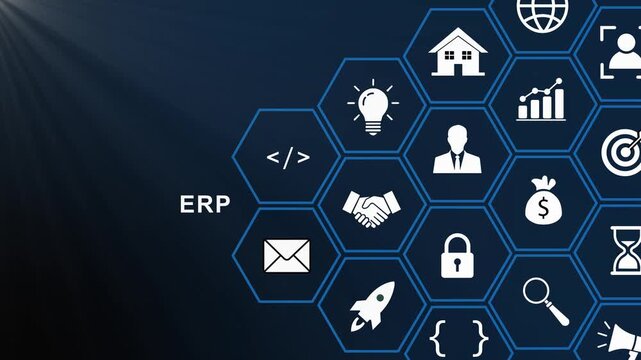 Comprehensive enterprise resource planning erp software system infographic animation featuring interconnected digital hexagonal representing business management, data integration, and corporate
