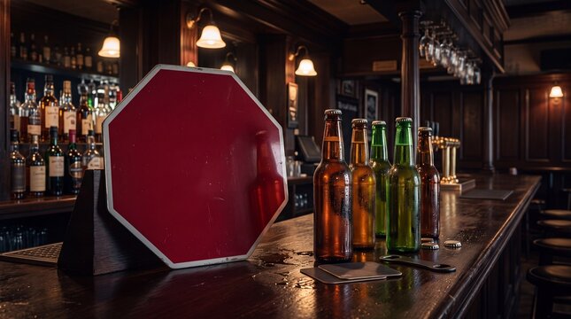 Empty bar counter with colorful bottles and a stop sign display