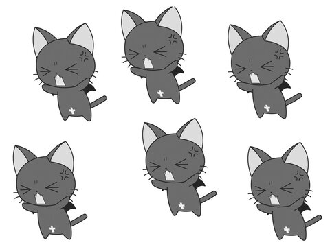 Six angry chibi devil cats with bat wings gothic character set