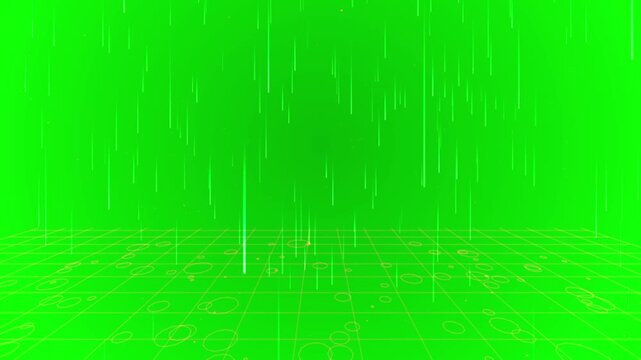 Green matrix grid with falling data particles for futuristic motion graphics and virtual reality backgrounds