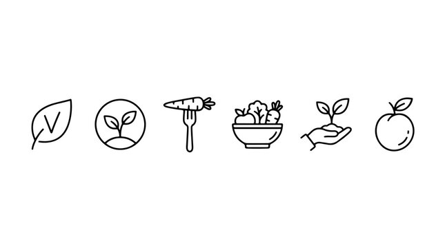 Vegan lifestyle icon collection, 6 minimalist black line art symbols, healthy organic food graphics for plant-based diet and vegetarian nutrition.