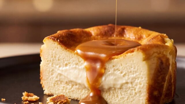 Thick glossy caramel pours over baked cheesecake and slowly flows down the edge, creating an appetizing close-up dessert scene.