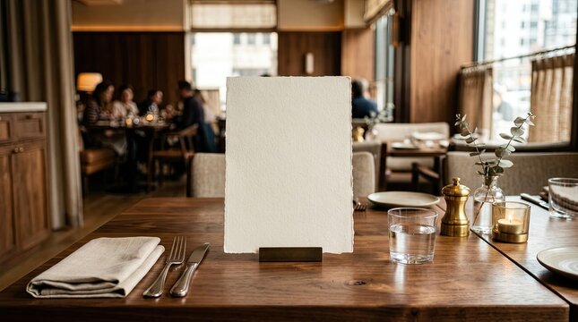 A wooden table with a white menu card and a glass of water on it.
