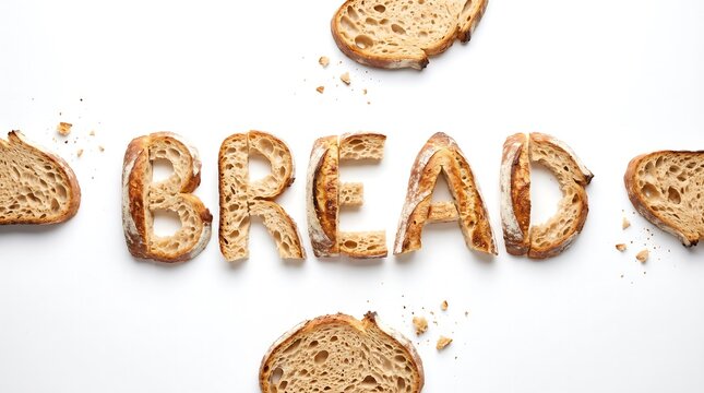 Word bread spelled out with slices of whole grain bread arranged on a white background sliced bread food art food photography flat lay