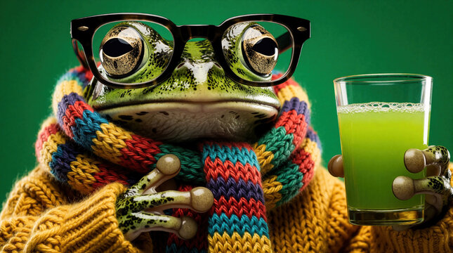 Stylish green frog wears black glasses, colorful knit scarf. Cute amphibian character holds glass with lime juice matcha drink. Funny animal mascot in cozy winter sweater relaxes in studio against