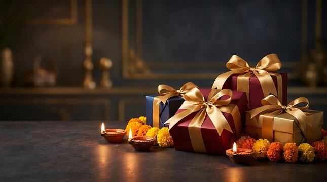 Diwali gift boxes with golden ribbons and glowing clay diyas on dark table.